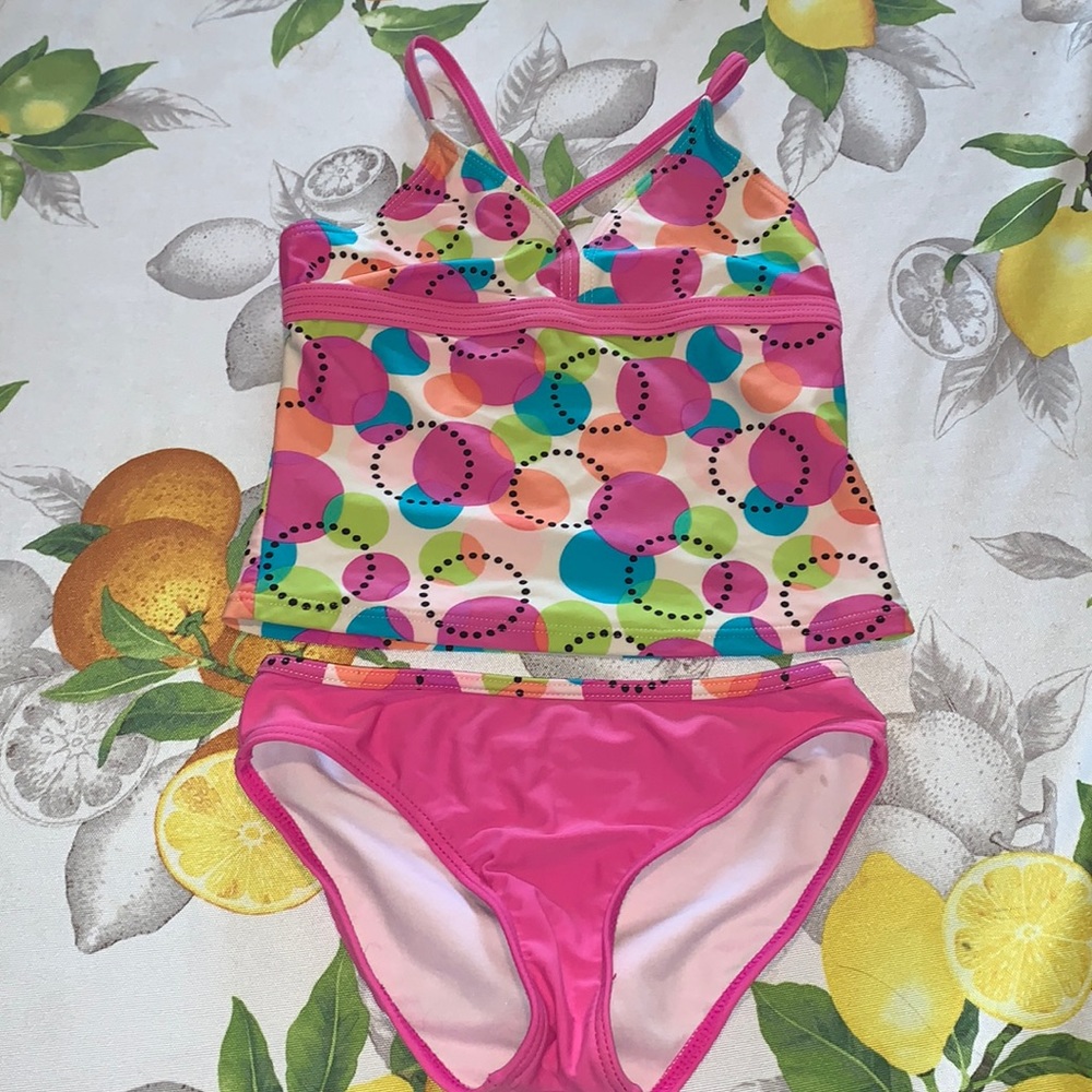 2 pc Cute pink polka dot circle girls tankini Size 8/10 EUC